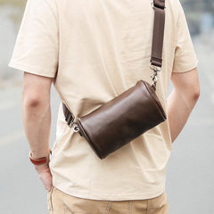 Black Leather Mens Small Casual Bucket Bag Barrel Messenger Bags Brown Postman Bag For Men - iwalletsmen