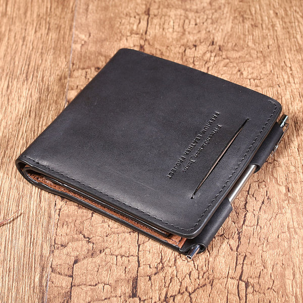 Leather Mens Black Small billfold Wallet Bifold Business Card Wallet For Men with Pen - iwalletsmen