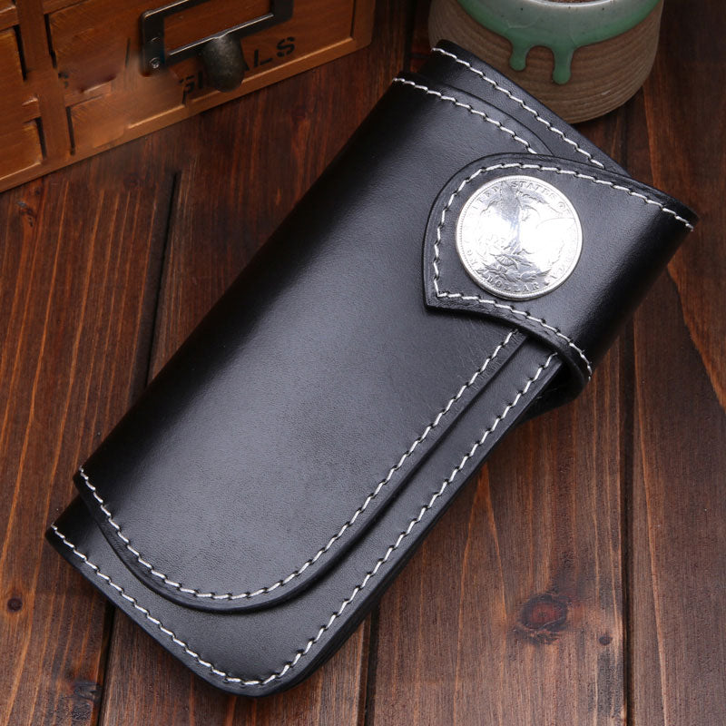 Handmade Mens Cool Black Leather Chain Wallet Biker Trucker Wallet with Chain