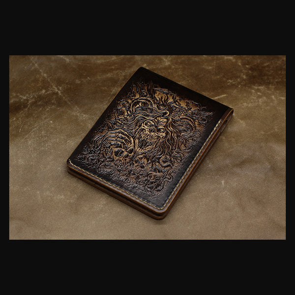 Handmade Leather Tooled Death Metal Mens billfold Wallet Cool Leather Wallet Slim Wallet for Men