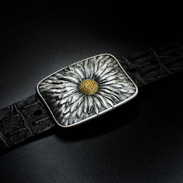 Handmade Genuine Leather Punk Rock Sunflower Mens Cool Men Biker Trucker Leather Belt