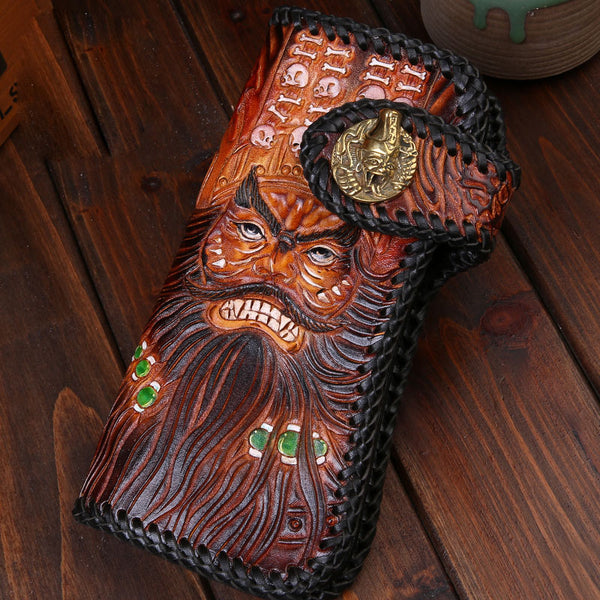 Handmade Mens Cool Tooled Zhong Kui demon Leather Chain Wallet Biker Trucker Wallet with Chain
