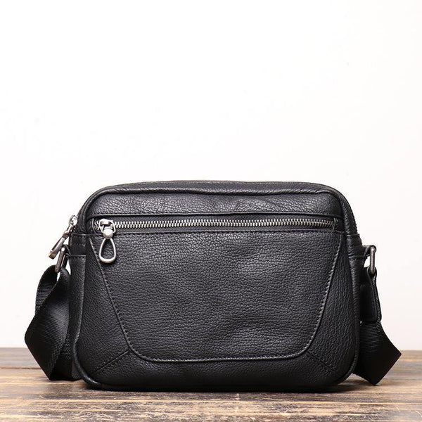 Black Cool Leather Small Zipper Messenger Bag Black Courier Bag Side Bag Black Shoulder Bag For Men - iwalletsmen
