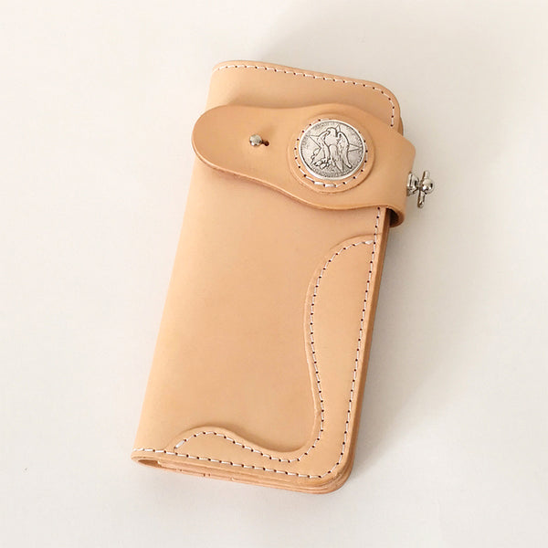 Simple Japanese-Style Mens Leather Long Wallets Light Beige Bifold Card Wallet For Men - iwalletsmen