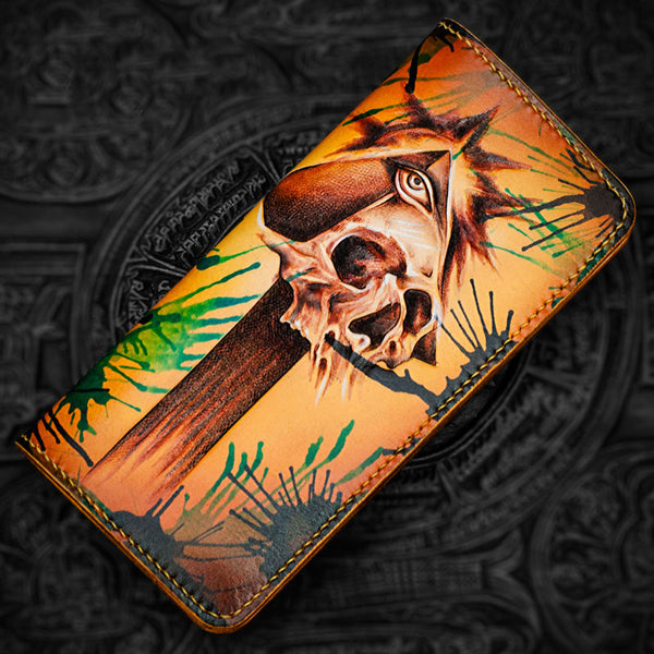 Handmade Leather Men Tooled Skull Cool Leather Wallet Long Phone Wallets for Men