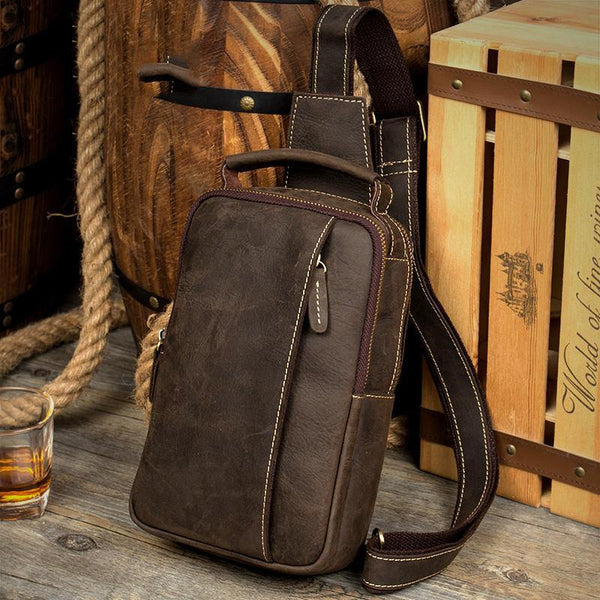 Vintage Brown Leather Mens Crossbody Pack Sling Bag Sling Pack Casual Chest Bags One Shoulder Backpack for Men - iwalletsmen