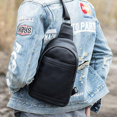 Black Casual Leather Mens Sling Bag Chest Bags Black One Shoulder Backpack Sling Pack for Men - iwalletsmen