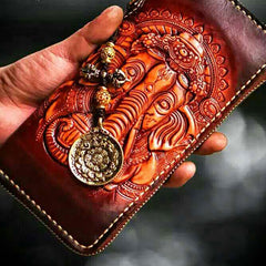Handmade Leather Tooled Ganesh Mens Chain Biker Wallet Cool Leather Wallet Zipper Long Phone Wallets for Men