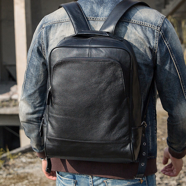 Black Fashion Mens Leather 15-inch Business Computer Backpacks Laptop Backpacks Black College Backpack for men - iwalletsmen