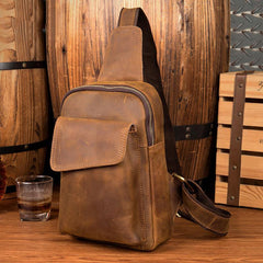 Cool Dark Brown Leather Mens Sling Bag Crossbody Pack One Shoulder Pack Brown Chest Bag for men - iwalletsmen