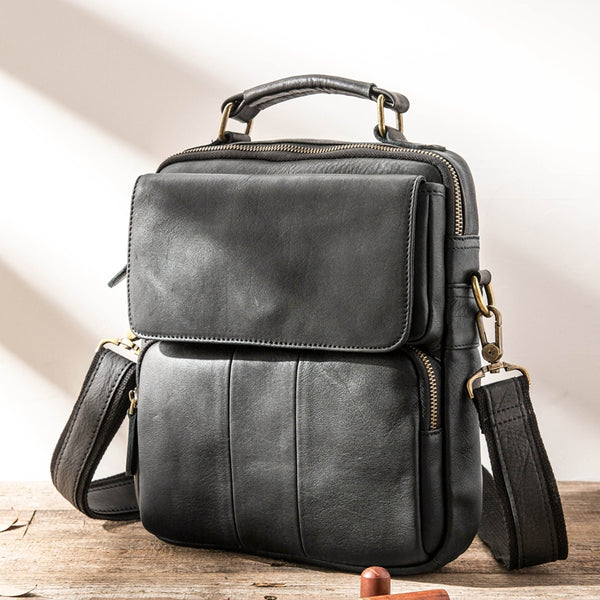Black Leather Mens Vertical Small Briefcase Work Handbag Side Bag Business Shoulder Bag for Men - iwalletsmen