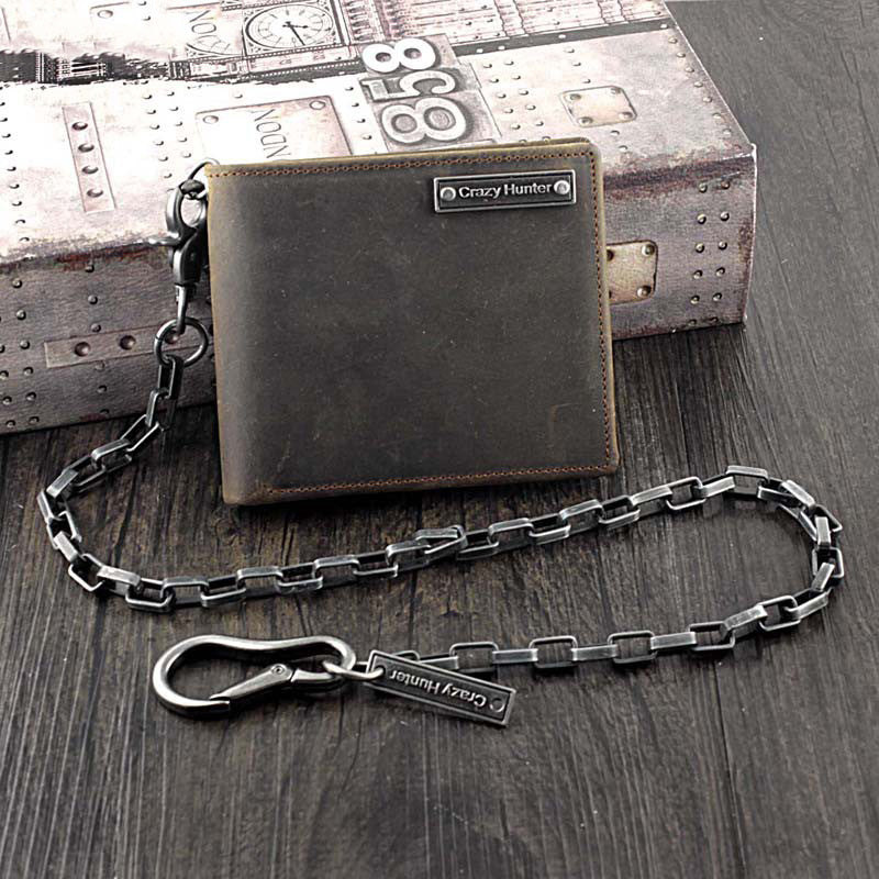 Badass Coffee Leather Men's Long Wallet with Chain Biker Chain Wallet