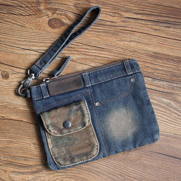Cool Denim Blue Mens Envelope Bag Clutch Jean Wristlet Bag Hand Bag For Men - iwalletsmen