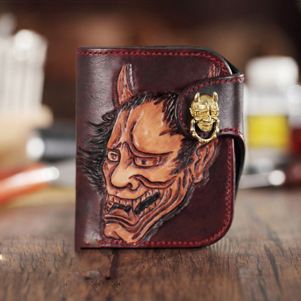 Brown Handmade Tooled Hannya Leather Mens Small Bifold Biker Wallet billfold Wallet For Men - iwalletsmen