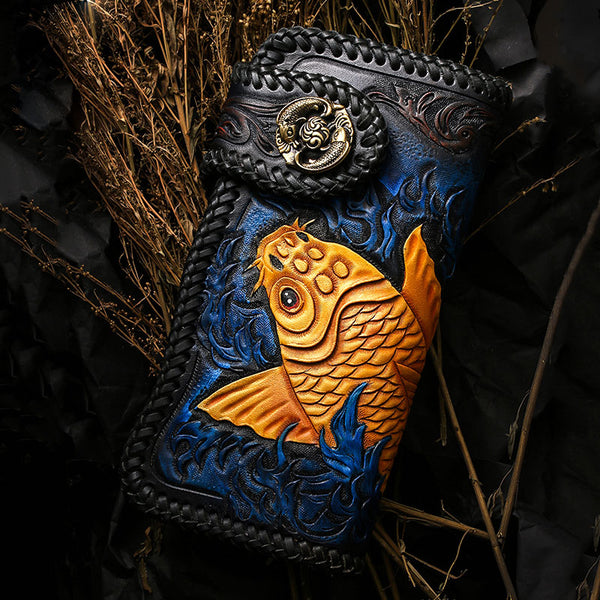 Handmade Leather Carp Mens Chain Biker Wallet Cool Leather Wallet With Chain Wallets for Men