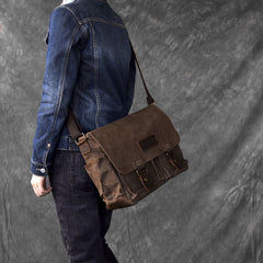 Canvas Leather Mens Large Brown Side Bag 14'' Khaki Messenger Bag Brown Postman Bag For Men - iwalletsmen