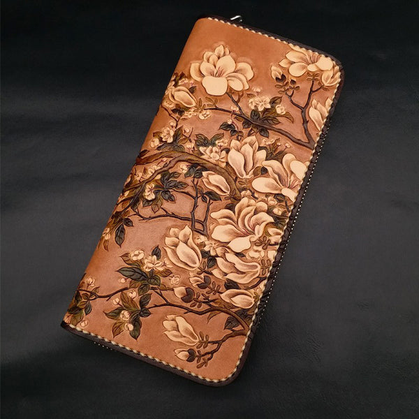 Handmade White Flowers Magnolia denudata Tooled Leather Womens Long Wallet Zipper Clutch For Women - iwalletsmen
