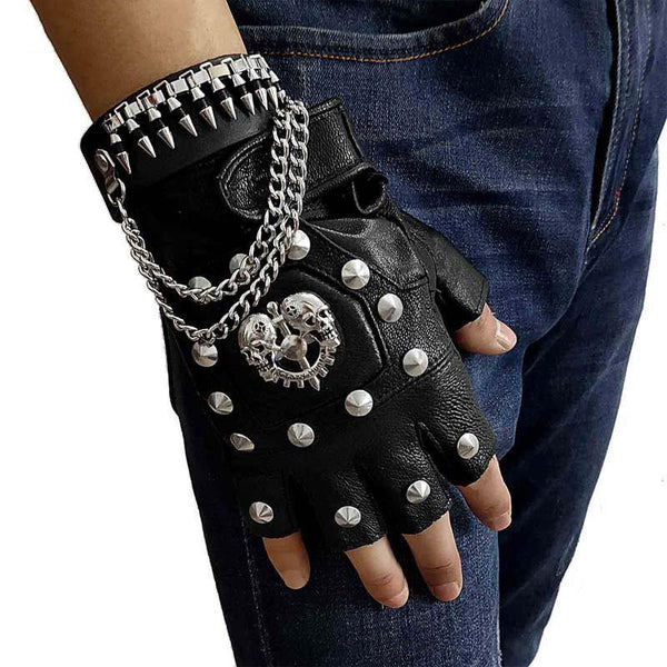 Mens Punk Skull Black Cool Leather Half-Finger Rock Gloves Motorcycle Gloves Black Biker Gloves For Men - iwalletsmen