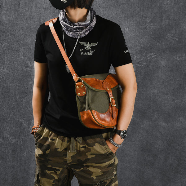 Canvas Leather Mens Womens Army Green Saddle Side Bag Messenger Bag Small Shoulder Bag For Men - iwalletsmen