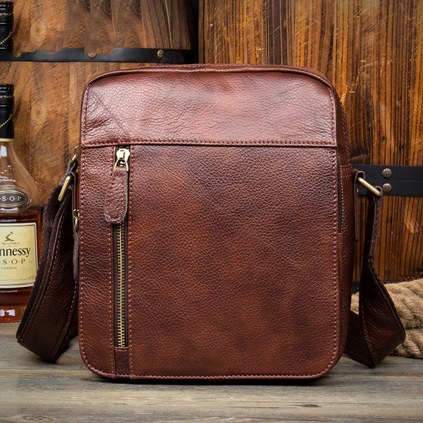 Casual Brown Leather Courier Bag 10 inches Vertical Small Messenger Bags Postman Bag for Men - iwalletsmen
