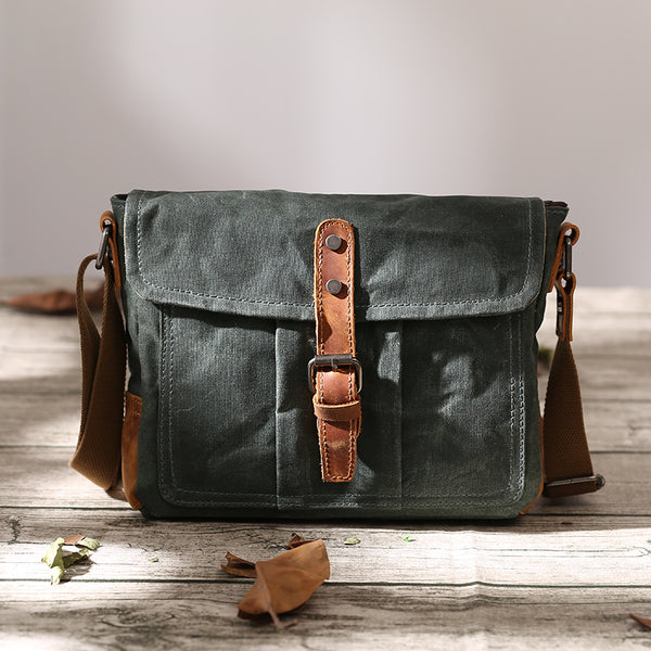 Small Waxed Canvas Mens Waterproof Green Side Bag Courier Bag Messenger Bag for Men - iwalletsmen