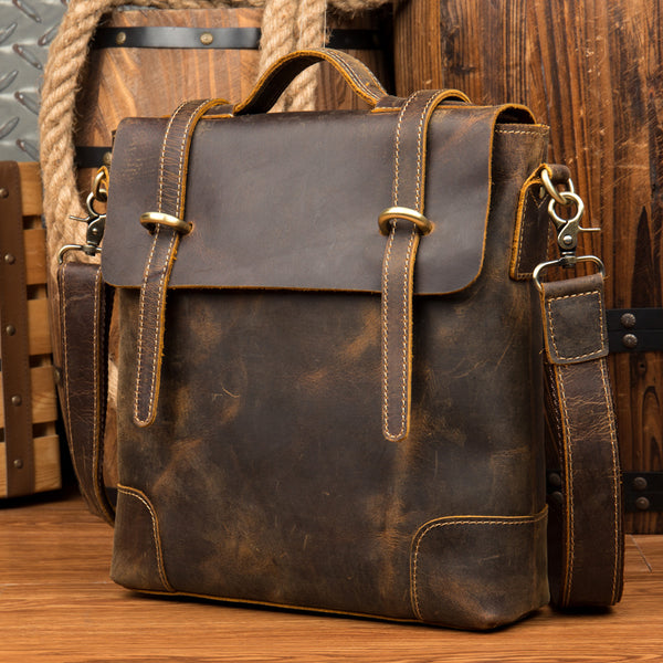 Vintage Brown Cool Leather 13 inches Vertical Briefcase Messenger Bags Side Bags for Men - iwalletsmen