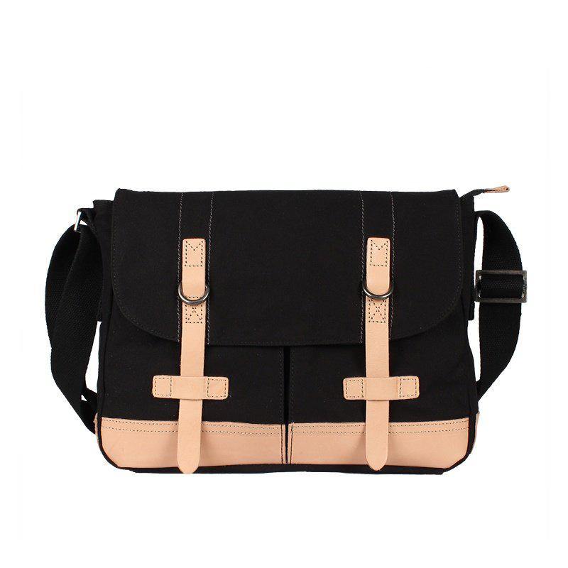 Black Canvas Leather Mens Side Bag Messenger Bags Navy Blue Canvas Courier Bags for Men - iwalletsmen