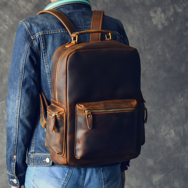 Vintage Brown Leather Mens 15" Laptop Backpack Hiking Backpack Travel Backpack College School Bag for Men - iwalletsmen