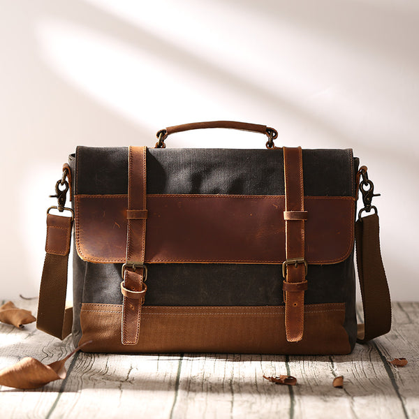Canvas Leather Mens Side Bag Gray 14'' Briefcase Postman Bag Messenger Bag for Men - iwalletsmen