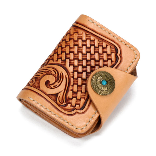 Handmade Leather Mens Cool Tooled Floral billfold Wallet Card Holder Card Wallets for Men