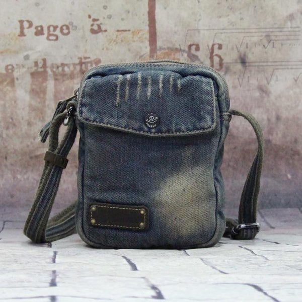 Blue Denim Mens Casual Small Vertical Messenger Bag Jean Side Bag Courier Bag For Men - iwalletsmen
