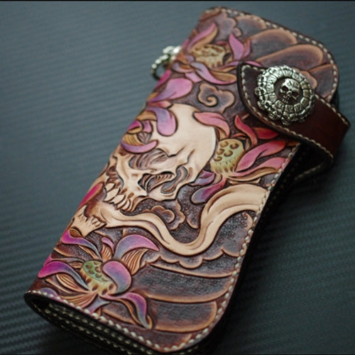 Handmade Leather Tooled Skull Mens Chain Biker Wallet Cool Leather Wallet With Chain Wallets for Men
