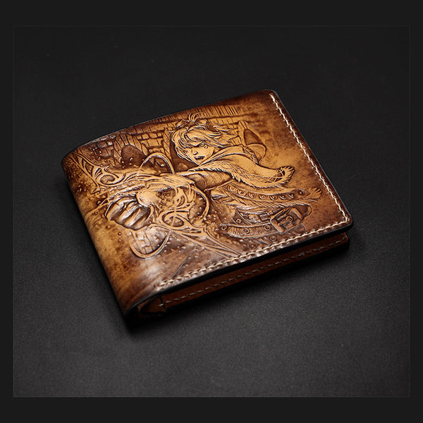 Handmade Leather Tooled League of Legends LOL Ezreal the Prodigal Explorer Mens billfold Wallet Cool Leather Wallet Slim Wallet for Men