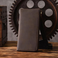 Handmade Leather Mens Cool Long Leather Wallet Zipper Clutch Wallet for Men