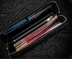 Handmade Leather Tooled Black and White Mens Chain Biker Wallet Cool Leather Wallet Long Phone Wallets for Men