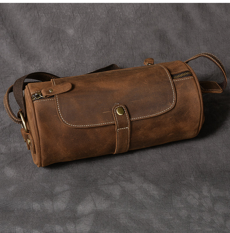 Leather Mens Vintage Brown Side Bag Barrel Messenger Bag Small Bucket Bag For Men - iwalletsmen