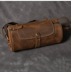 Leather Mens Vintage Brown Side Bag Barrel Messenger Bag Small Bucket Bag For Men - iwalletsmen