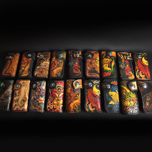 Tooled Handmade Black Leather Mens Long Chain Wallets Biker Wallet Biker Chain Wallet For Men - iwalletsmen