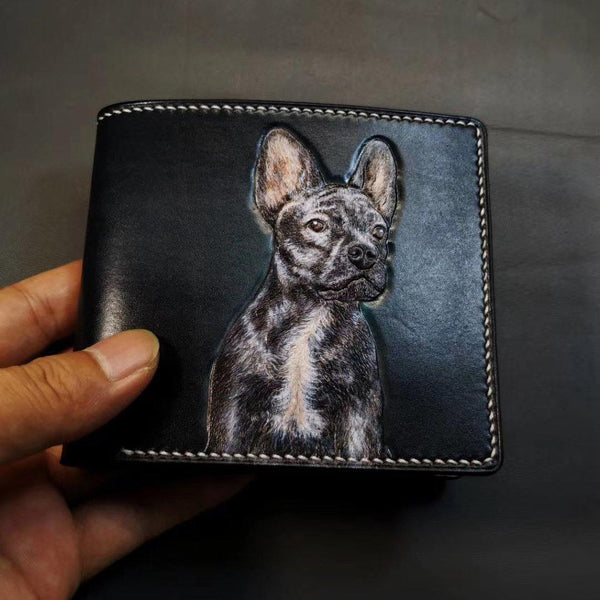 Handmade Mens Leather billfold Wallet Bulldog Dog Tooled Leather Bifold Wallet Slim Wallet for Men - iwalletsmen