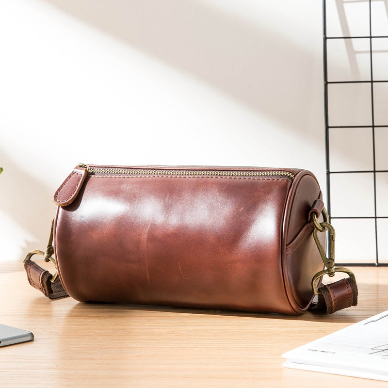 Red Brown Cool Leather Mens 8 inches Barrel Side Bag Bucket Messenger Bags Courier Bag for Men - iwalletsmen