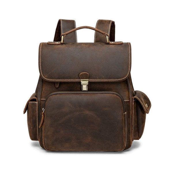 Cool Dark Brown Mens Leather College Backpack Laptop Backpack Red Brown Travel Backpack for Men - iwalletsmen