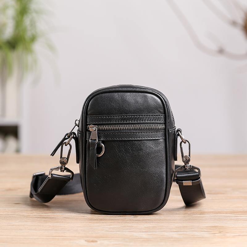 Black Leather MENS Small Vertical Side Bag Black MIni Messenger Bag Mobile Bag For Men - iwalletsmen