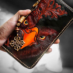 Handmade Leather Mens Tooled Eagle Chain Biker Wallet Cool Leather Wallet Long Clutch Wallets for Men