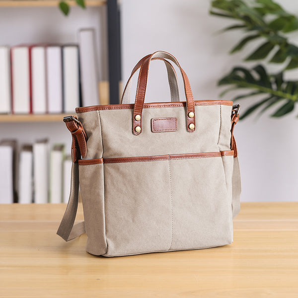 Casual Canvas Leather Mens Womens Large 13" Brown Handbag Tote Bag Beige Shoulder Bag Tote Purse For Men - iwalletsmen