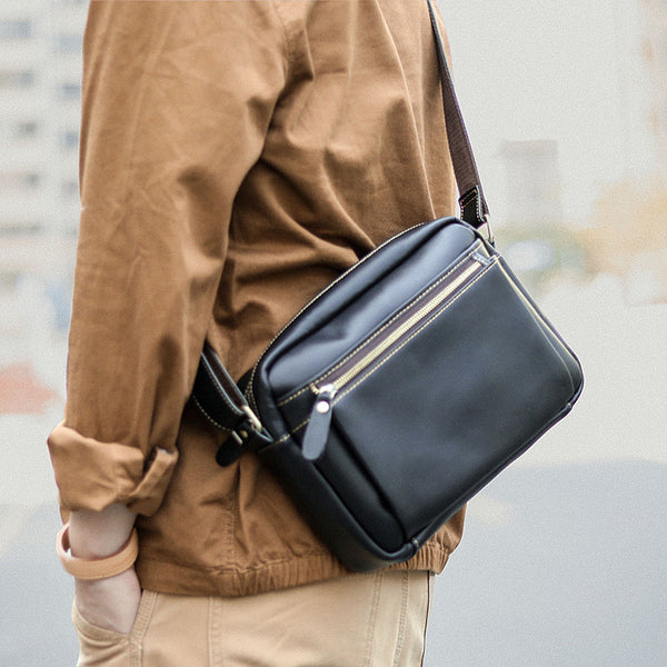 Casual Black Leather Mens Small Courier Bags Messenger Bag Brown Postman Bags For Men - iwalletsmen