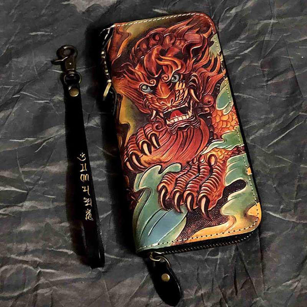 Badass Black Leather Men's Long Biker Handmade Wallet God Beast Tooled Zipper Long Chain Wallets For Men - iwalletsmen