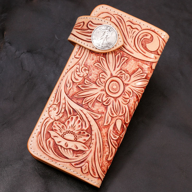 Handmade Mens Cool Tooled Floral Leather Chain Wallet Biker Trucker Wallet with Chain - iwalletsmen