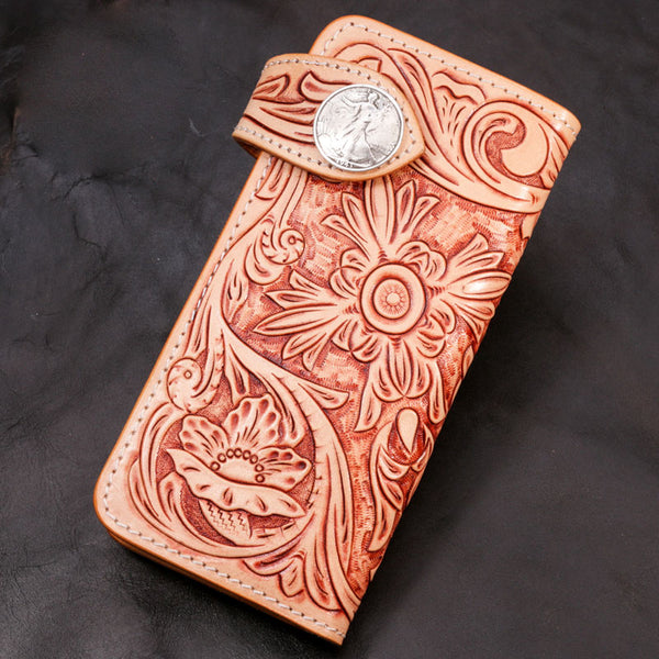 Handmade Mens Cool Tooled Floral Leather Chain Wallet Biker Trucker Wallet with Chain - iwalletsmen