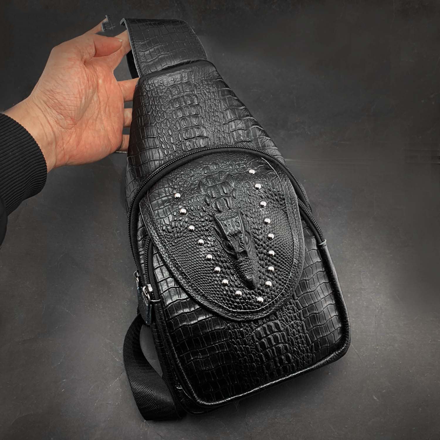 Badass Black Leather Men's Sling Bag Chest Bag One shoulder Backpack Sling Bag For Men - iwalletsmen