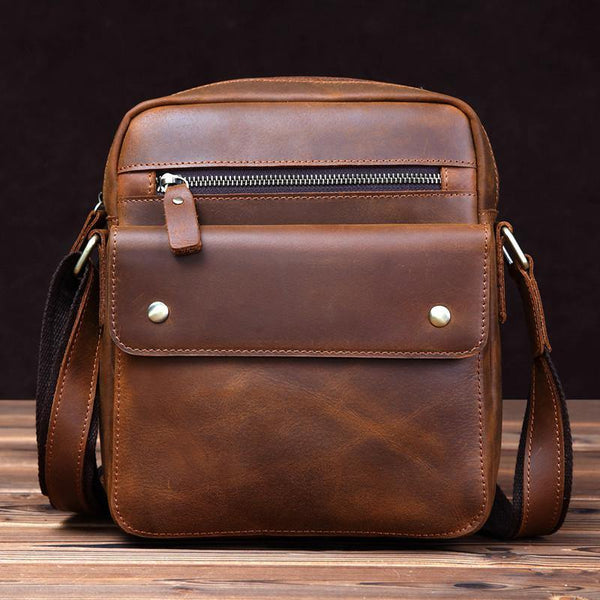 Vintage Brown Leather Messenger Bag Men's Vertical Side Bag Small Vertical Courier Bag For Men - iwalletsmen